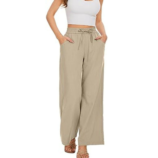 Damen Weite Leinenhose mit hohem elastischem Bund, Kordelzug und Eingrifftaschen Shop Nory