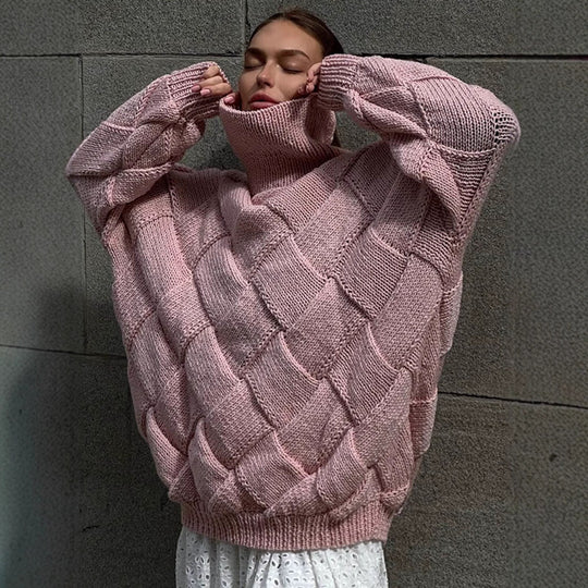 Damen Oversize Strickpullover mit Rollkragen, Zopfmuster und voluminösen Ballonärmeln Shop Nory