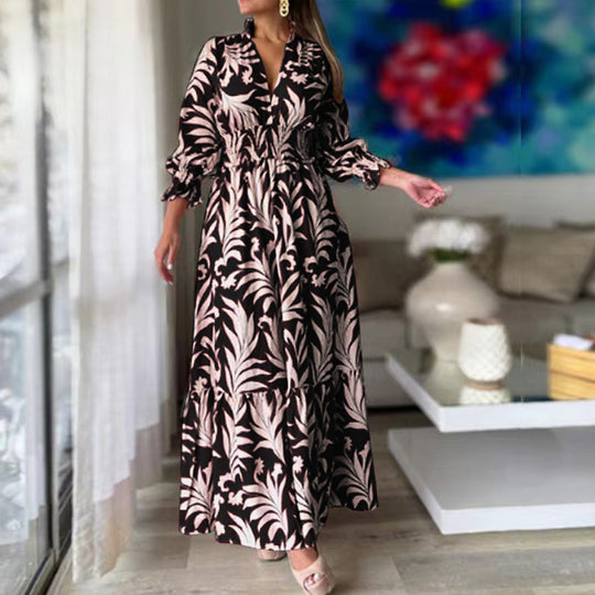 Damen Langes Maxikleid mit V-Ausschnitt, elastischem Smokbund, Stufenrock und Ballonärmeln Shop Nory
