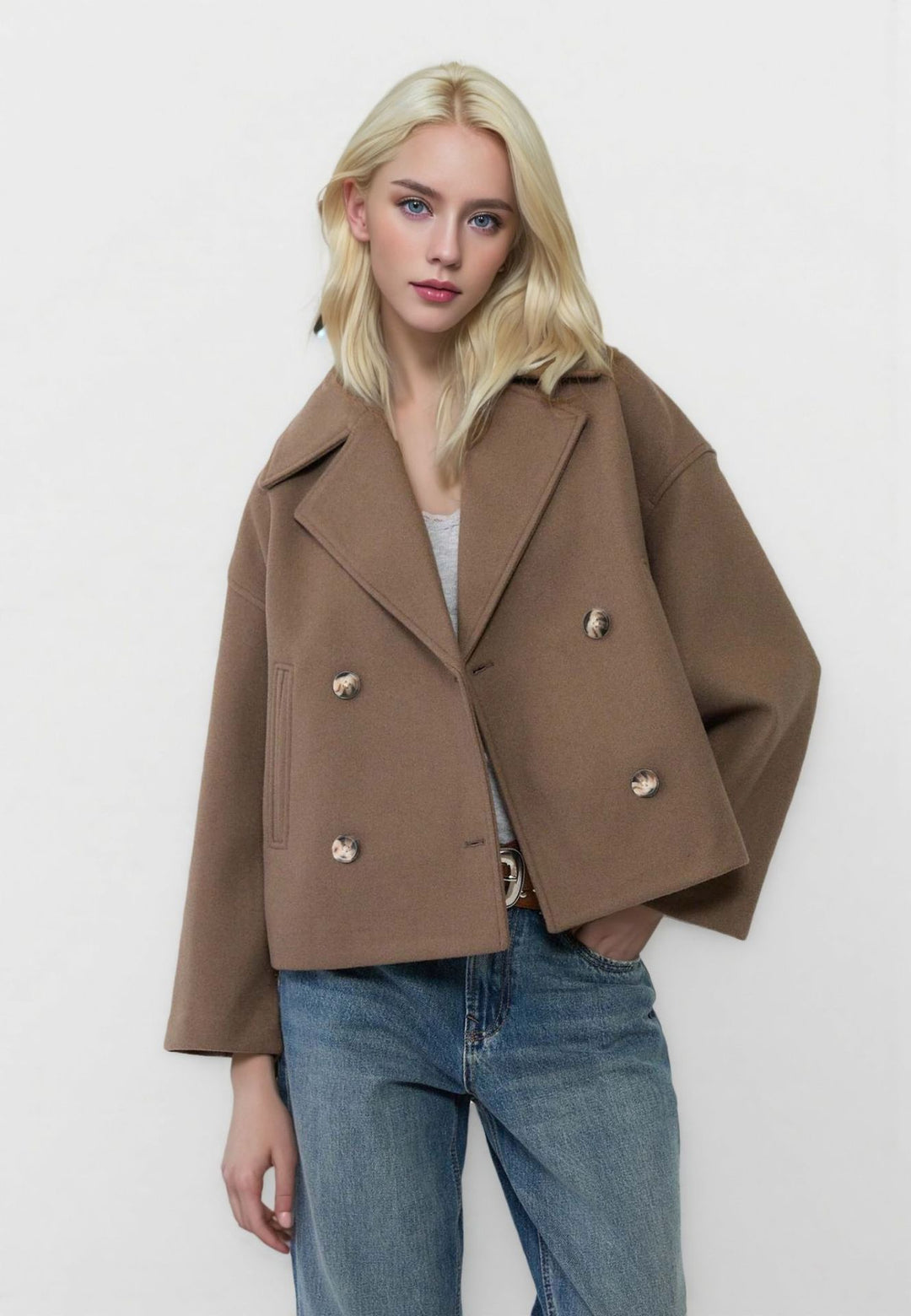 Damen nan kurzes doppeltreihiges Wollmix-Manteljacke im Boxy-Cut mit weitem Reverskragen Shop Nory