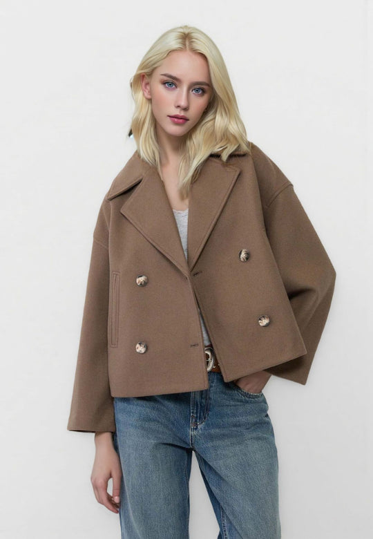 Damen nan kurzes doppeltreihiges Wollmix-Manteljacke im Boxy-Cut mit weitem Reverskragen Shop Nory