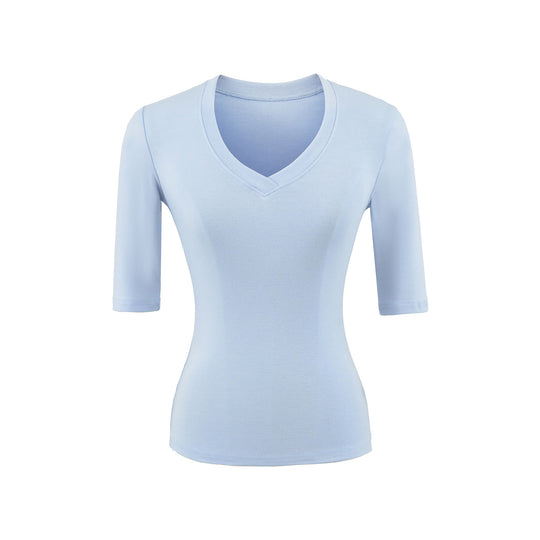 Damen Figurbetontes V‑Ausschnitt Dreiviertelarm Feinripp-Top aus Stretchjersey Shop Nory