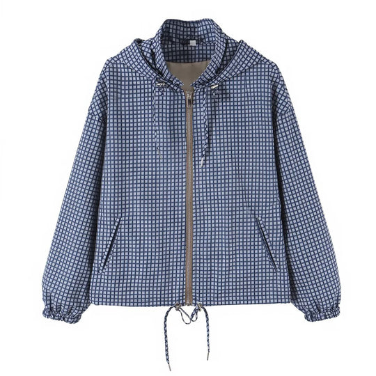 Damen Leichte Kapuzen-Boxy-Übergangsjacke mit Karo-Gitterprint, Tunnelzug und Elastikbündchen Shop Nory