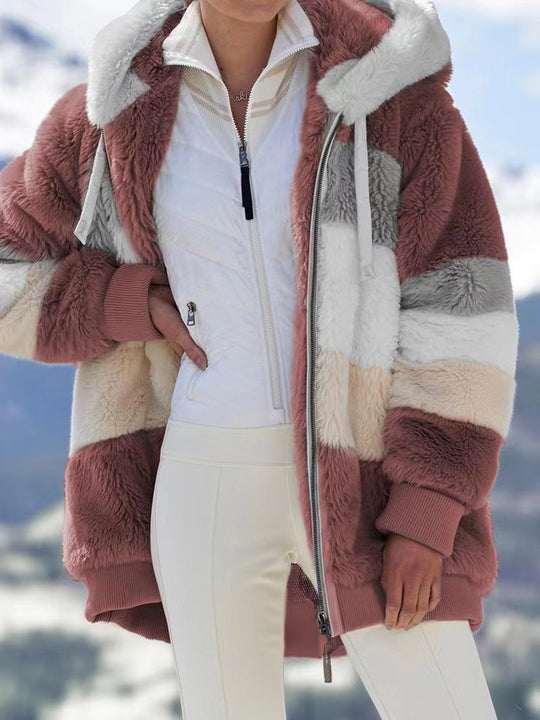 Damen nan oversized Kunstfelljacke mit Kapuze, Blockstreifen-Optik und zweifachem Reißverschluss Shop Nory