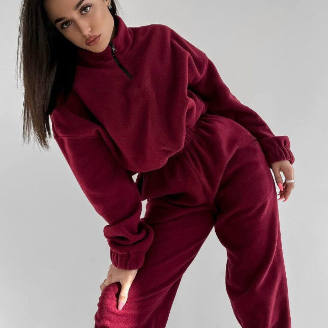 Damen Relax-Fleece-Set mit Stehkragen-Halbzip und geraffter High-Waist-Hose Shop Nory