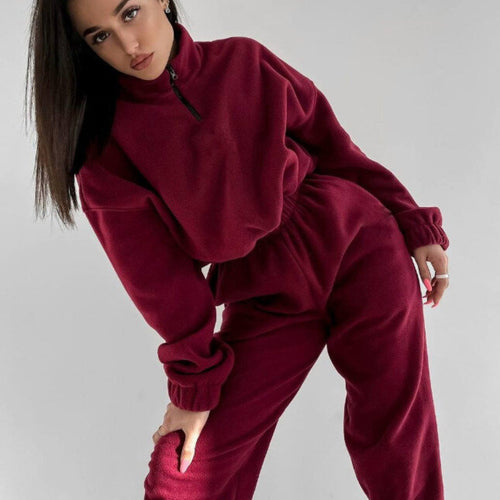Damen Relax-Fleece-Set mit Stehkragen-Halbzip und geraffter High-Waist-Hose Shop Nory