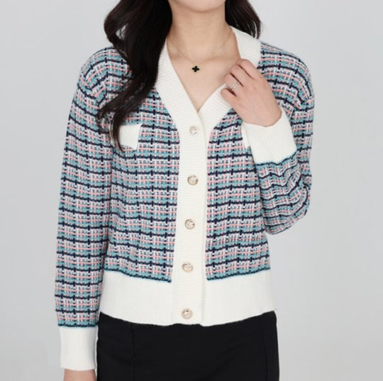 Damen Tweed-Strickcardigan mit V-Ausschnitt und Zierknopfleiste Shop Nory