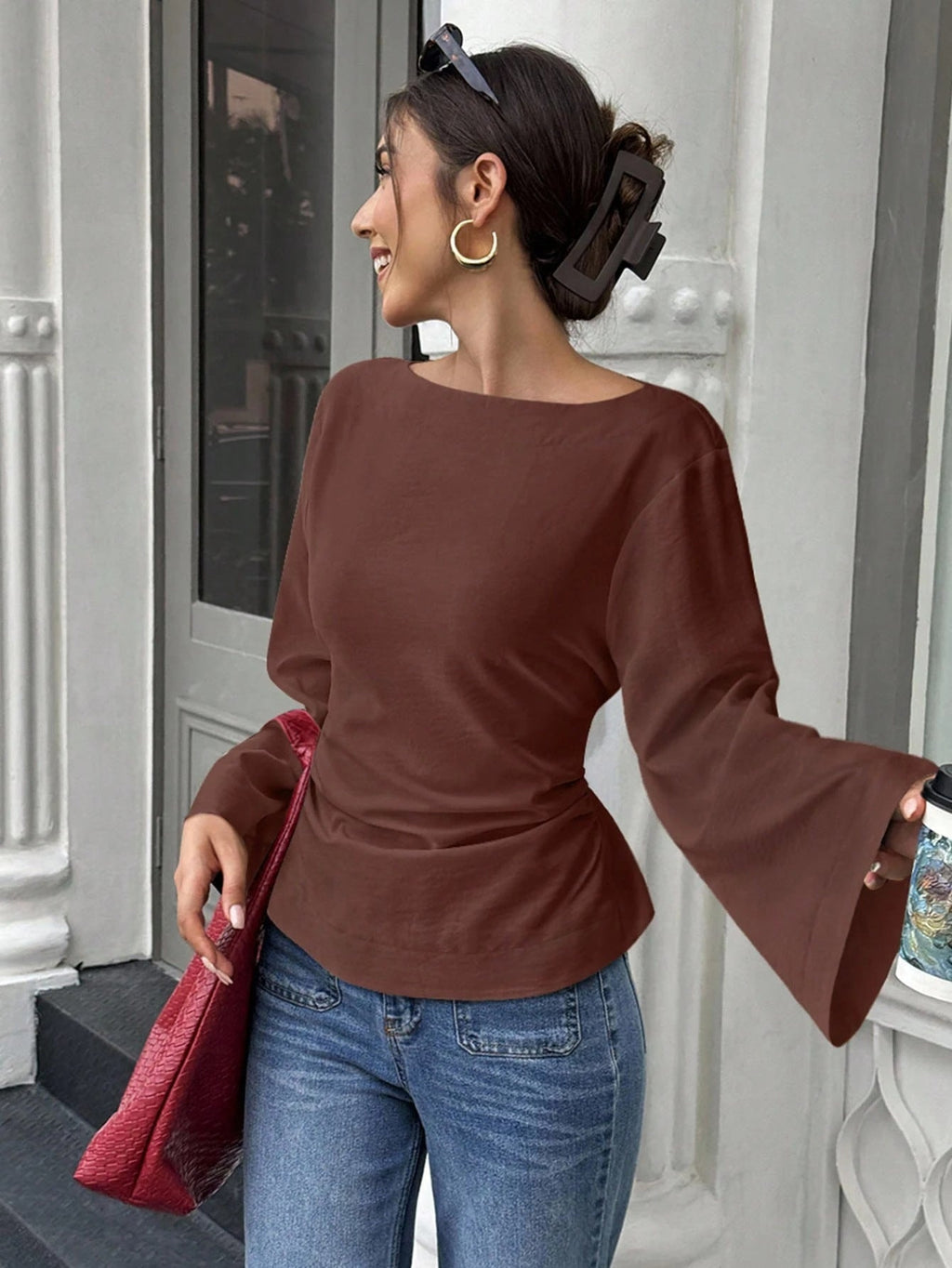Damen elegantes Oberteil mit weitem Ärmel und schickem Bund