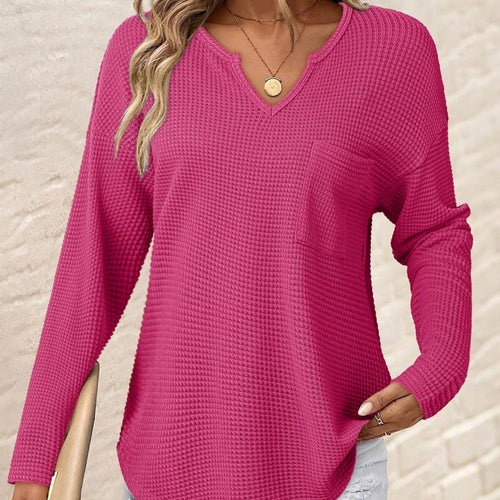 Damen Waffelstrick-Longsleeve mit V-Notch, Brusttasche und legerer Oversize-Passform Shop Nory