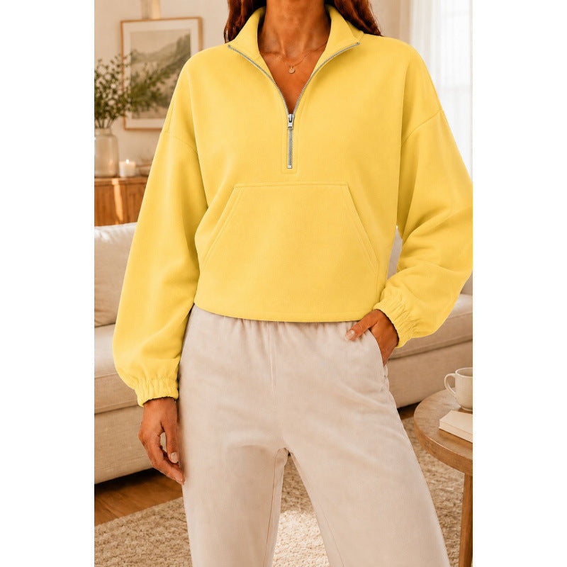 Damen Kurz geschnittener Sweatshirt-Pullover mit halbem Reißverschluss und Kängurutasche Shop Nory