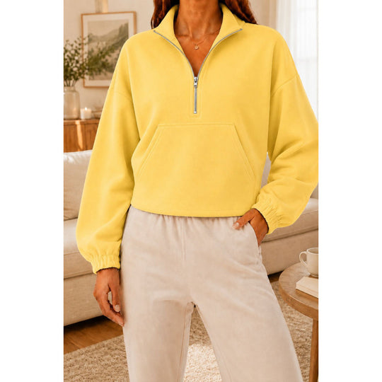 Damen Kurz geschnittener Sweatshirt-Pullover mit halbem Reißverschluss und Kängurutasche Shop Nory