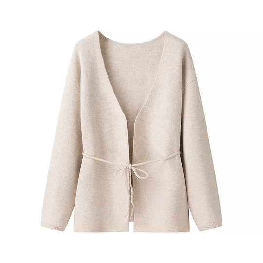 Damen Offener Strickcardigan mit Bindegürtel und V‑Ausschnitt Shop Nory