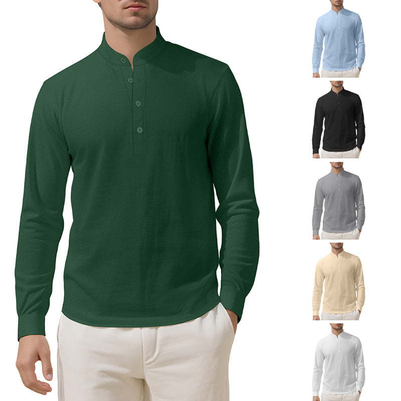 Herren nan Nehru-Kragen-Henley aus Baumwollstretch mit verdeckter Knopfleiste und schmaler Passform