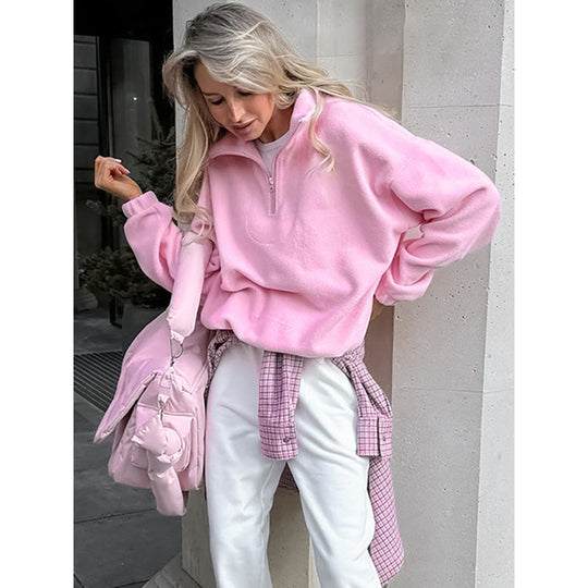 Damen Oversized Fleecepullover mit halbem Reißverschluss und Stehkragen Shop Nory