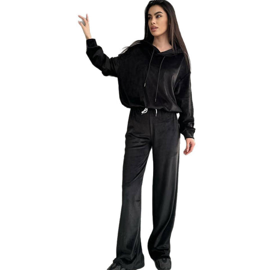 Damen Velours-Zweiteiler mit Cropped-Kapuzenpullover, sportiven Ärmeln und weiter Palazzo-Hose Shop Nory