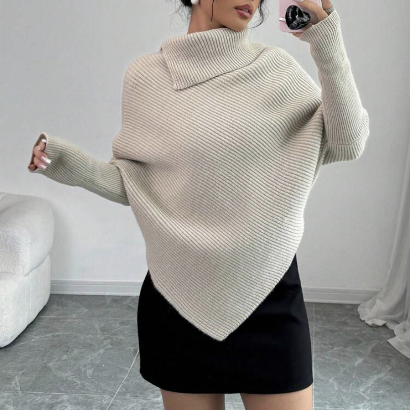Damen Asymmetrischer Rippenstrick-Poncho mit hohem Rollkragen und verlängerten Ärmeln Shop Nory