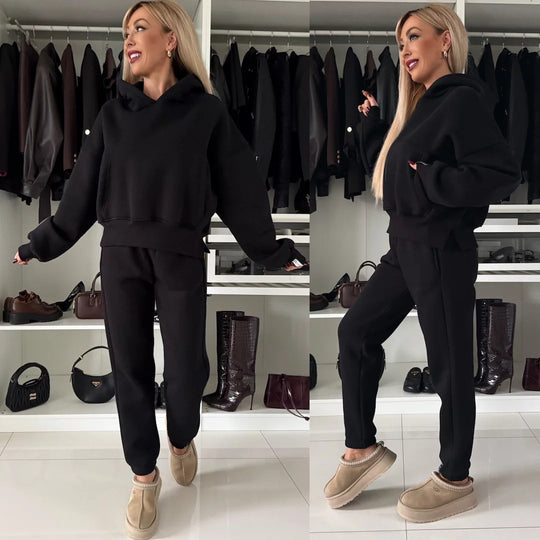 Damen Kurzgeschnittenes Kapuzen-Hoodie und High‑Waist Jogginghose Set aus weichem French-Terry Shop Nory