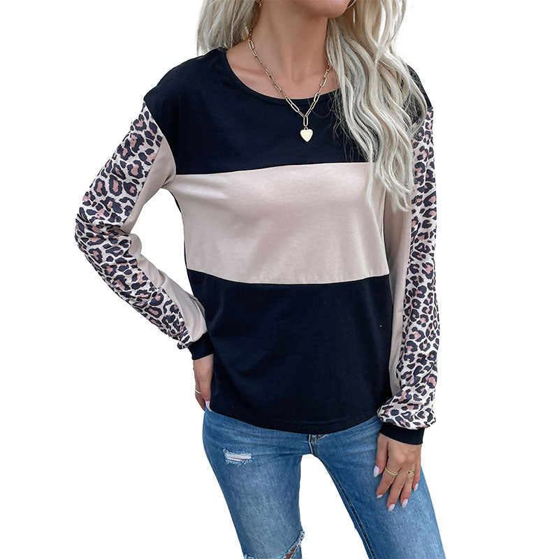 Damen Colorblock-Sweatshirt mit Leopardenärmeln und Rundhalsausschnitt Shop Nory
