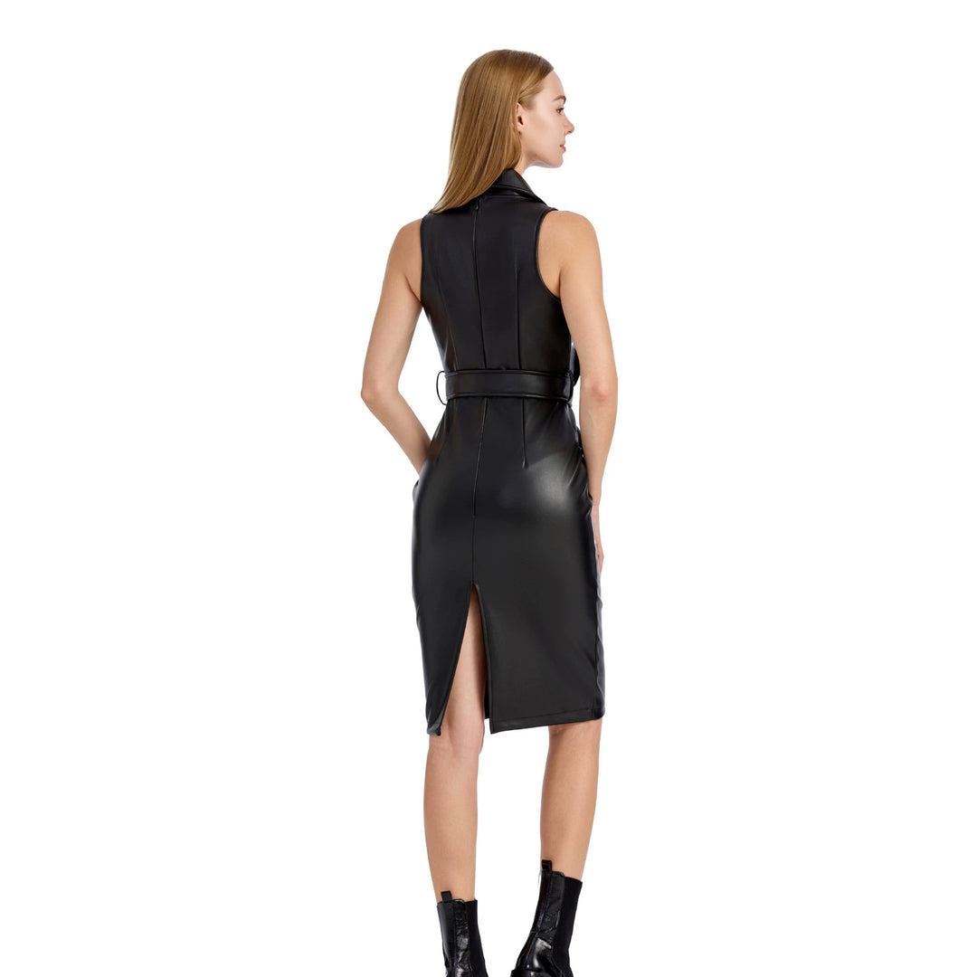 Damen Ärmelloses tailliertes Bleistiftkleid aus Lederoptik mit Reverskragen Shop Nory