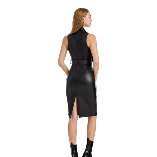 Damen Ärmelloses tailliertes Bleistiftkleid aus Lederoptik mit Reverskragen Shop Nory
