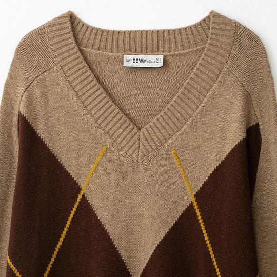 Damen Argyle V-Ausschnitt Pullover aus Feinstrick mit Raglanärmeln und Rippbündchen Shop Nory