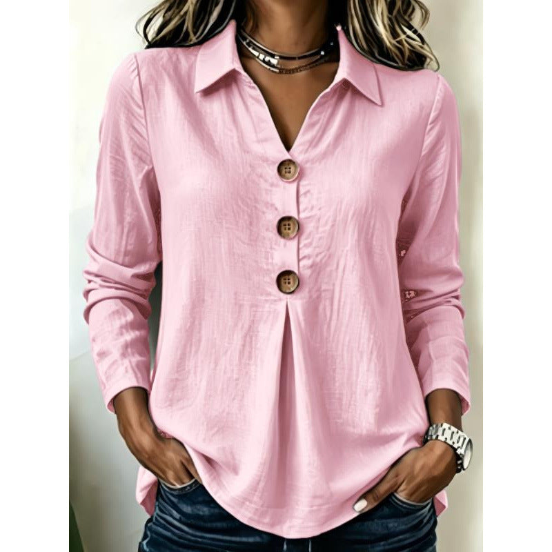 Damen Langarm-Bluse mit Holzknopfleiste und Vorderfalte Shop Nory