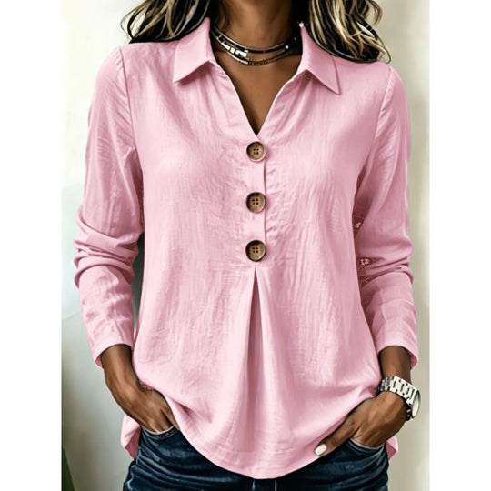 Damen Langarm-Bluse mit Holzknopfleiste und Vorderfalte Shop Nory