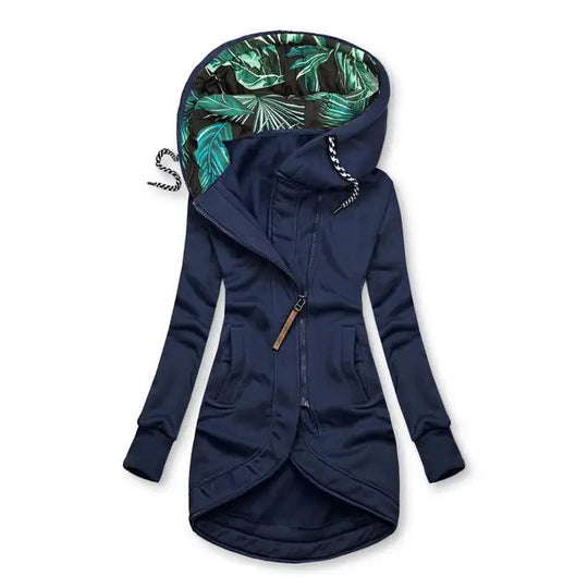 Damen asymmetrische Parka mit gefütterter tropischer Druckkapuze Shop Nory