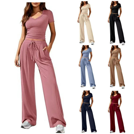 Damen Lässiges Lounge-Set mit tailliertem V-Ausschnitt bauchfreiem Top und weitem Kordelbund-Hose Shop Nory