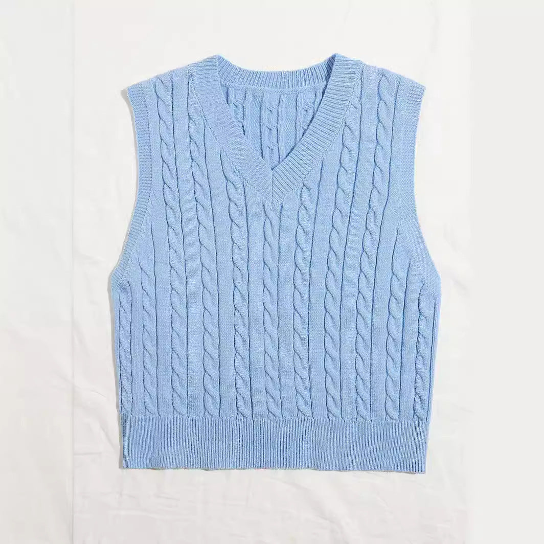 Damen Gestrickte ärmellose Zopfmuster-Pulloverweste mit V-Ausschnitt Shop Nory