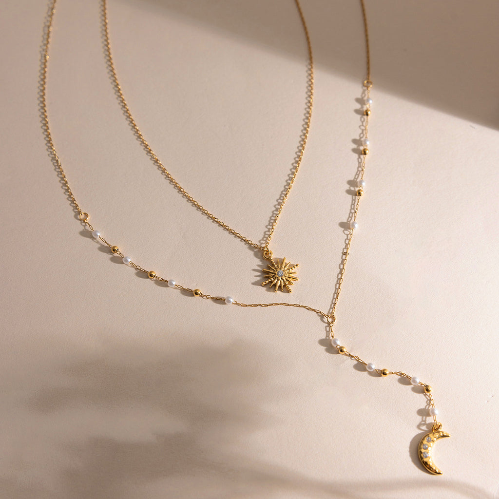 Damen Halskette mit elegantem Sonnen- und Monddesign aus hypoallergenem Edelstahl Shop Nory