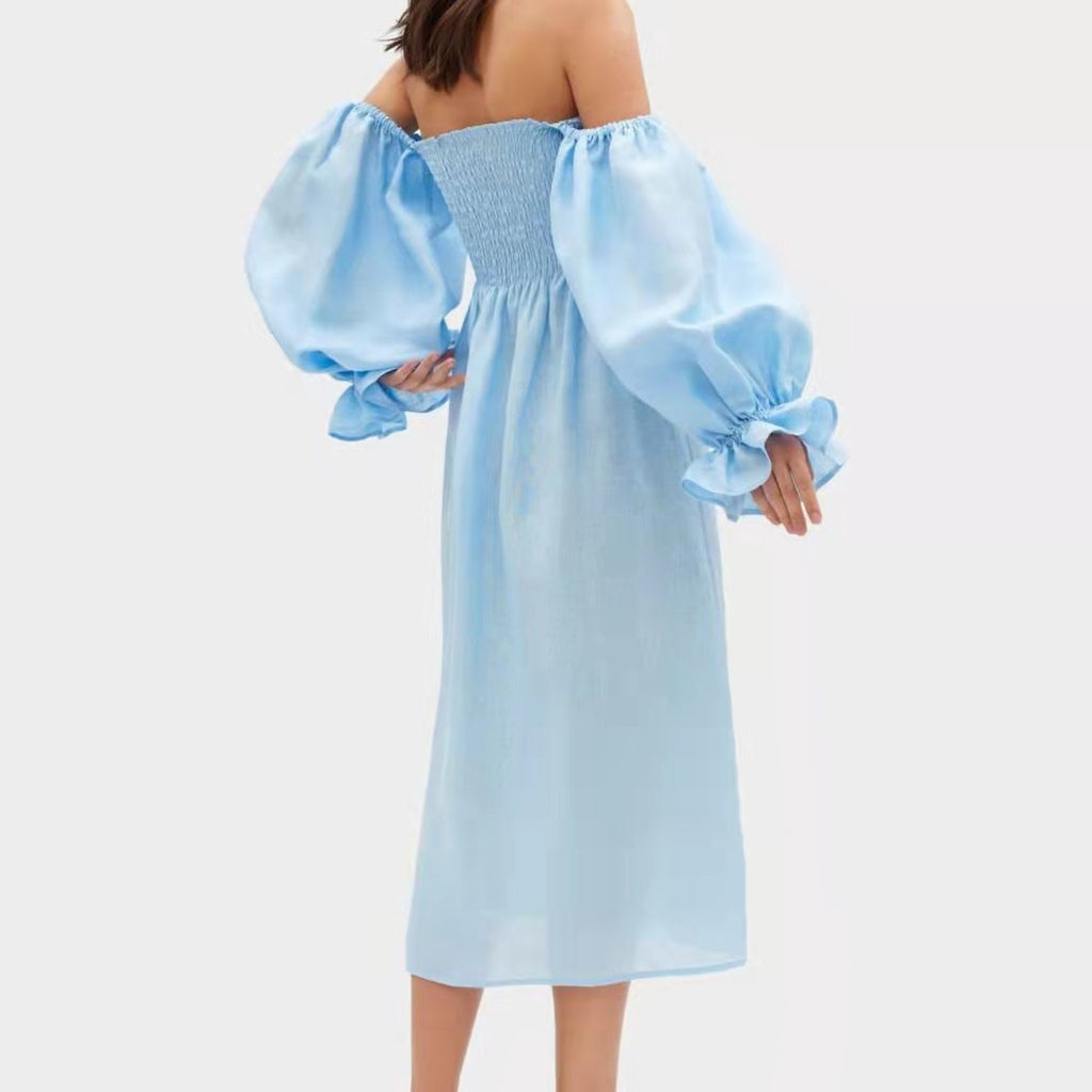 Damen Maxikleid mit Puffärmeln und elastischem Taillenbund