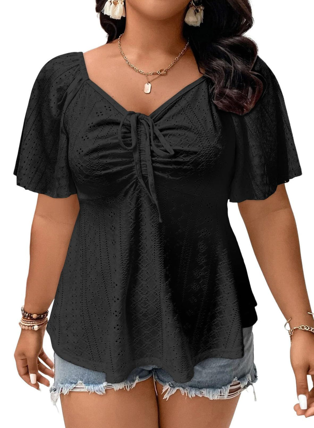 Damen A-Linien Boho-Bluse mit Lochstickerei, Raffung und Bindeband Shop Nory