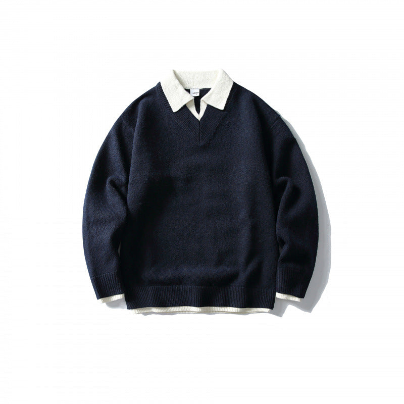 Unisex Oversize-Strickpullover mit kontrastierendem Polokragen und V‑Ausschnitt Shop Nory