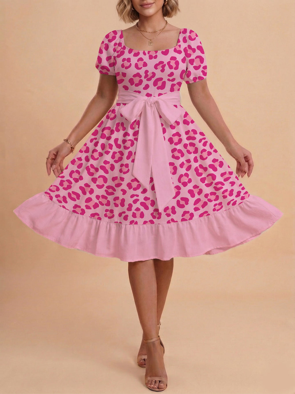 Damen Sommerliches Blumenkleid mit taillierbarem Gürtel und voluminösen Ärmeln