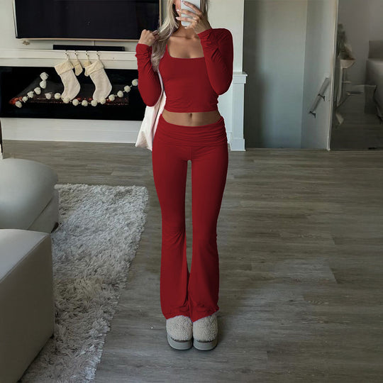 Damen nan figurbetontes Cropped-Set mit langärmeligem Top mit quadratischem Ausschnitt und ausgestellter High‑Waist Yoga-Hose Shop Nory
