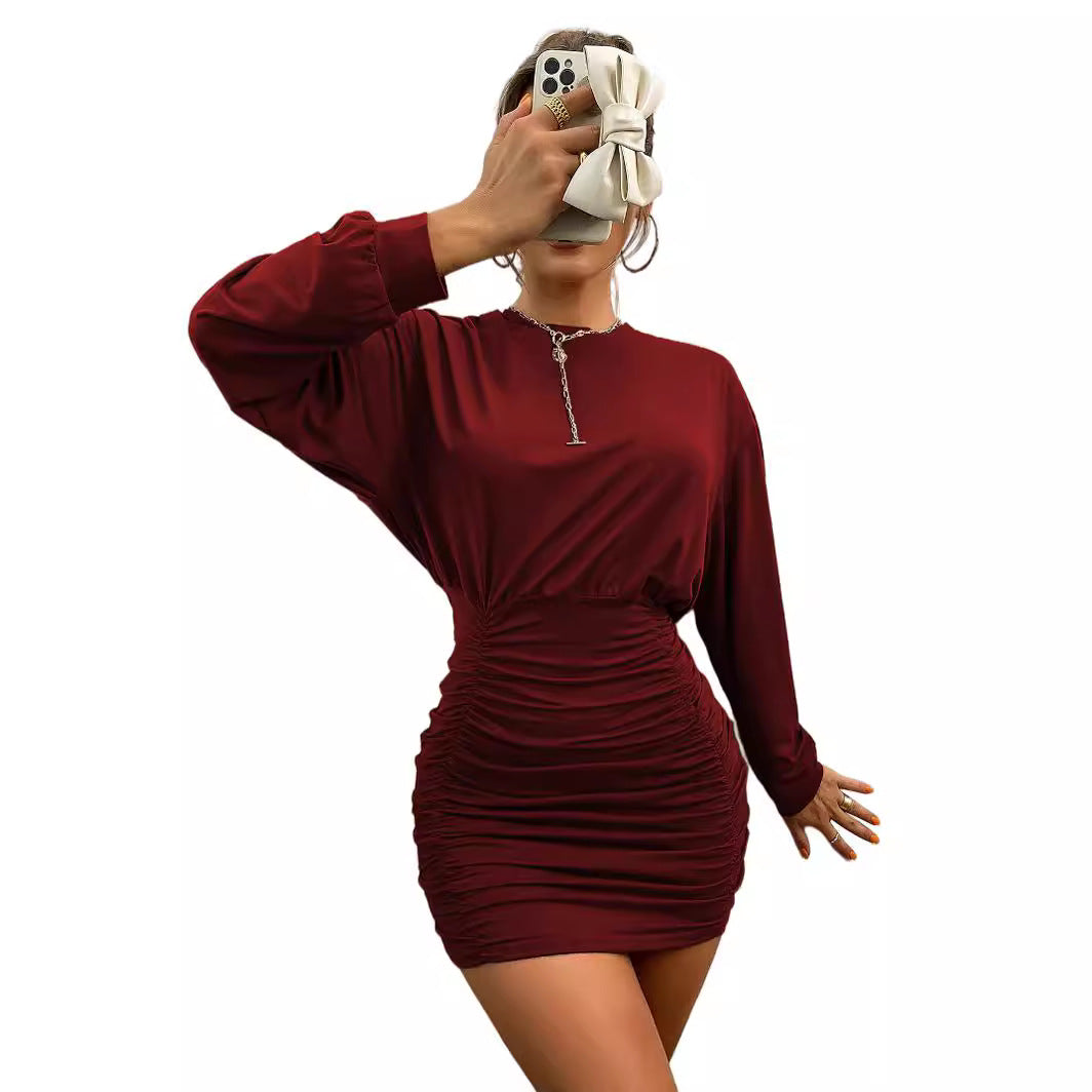 Damen gesmoktes Mini-Kleid mit überschnittener Langarm-Sweatoberteil und taillierter Raffung Shop Nory