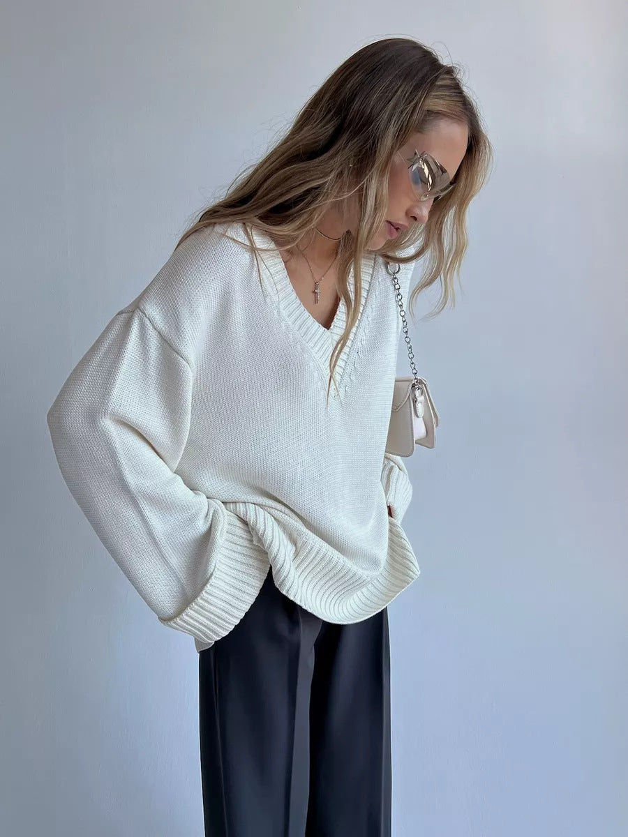 Damen eleganter V-Ausschnitt Pullover aus weicher Baumwolle Shopnory