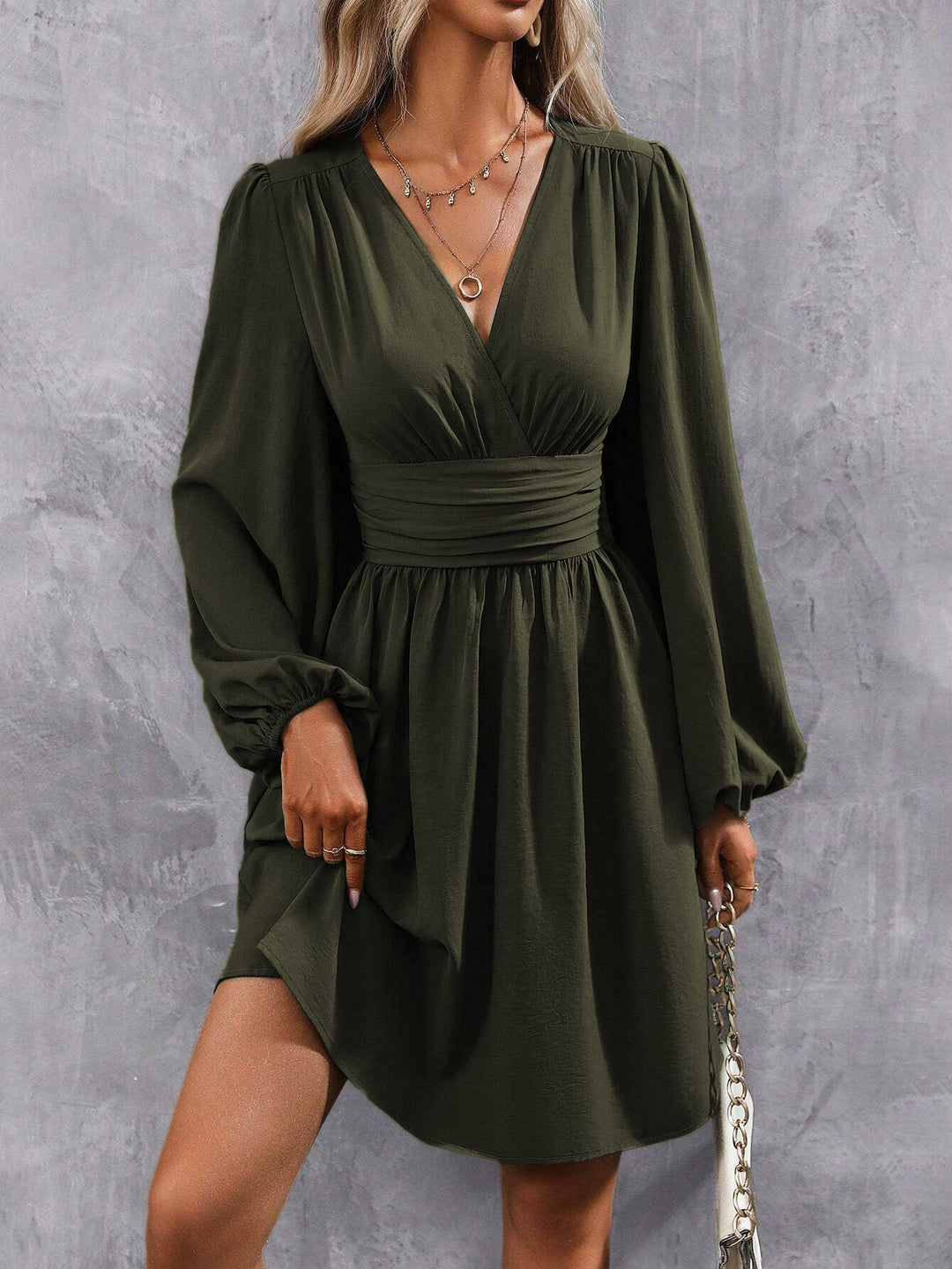 Damen Knielanges Wickelkleid mit eleganten Puffärmeln