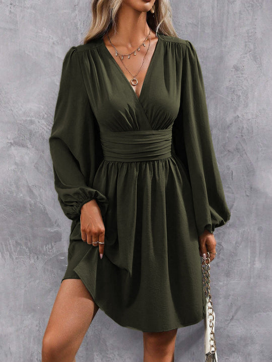 Damen Knielanges Wickelkleid mit eleganten Puffärmeln