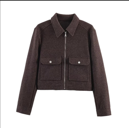 Damen kurze Boxy-Wolljacke mit durchgehendem Reißverschluss und aufgesetzten Pattentaschen Shop Nory