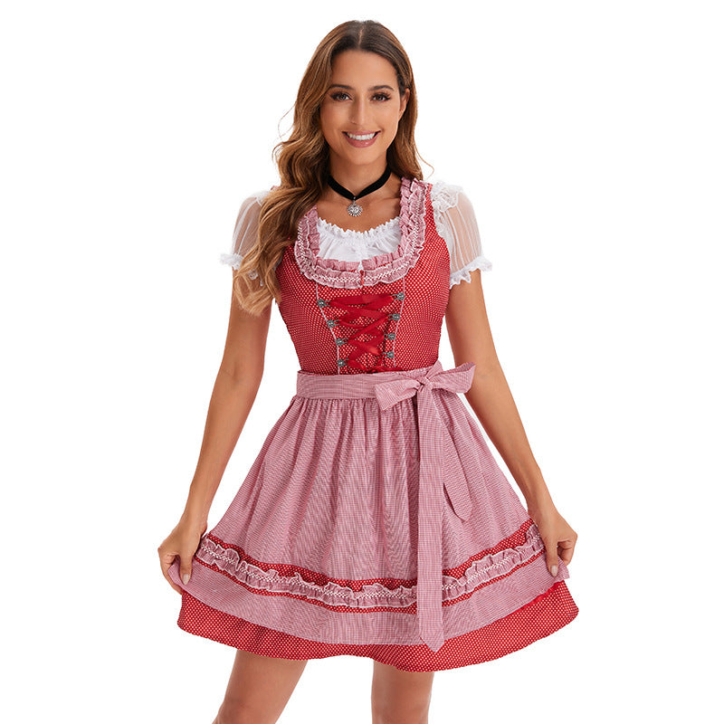 Damen nan kurzes traditionelles Dirndlkleid mit Korsett-Schnürung Spitzendetails und bindbarer Schürze Shop Nory