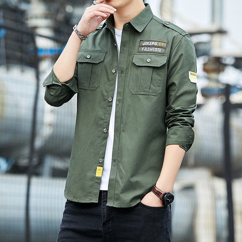 Herren Utility-Hemd mit Brustpattentaschen, Schulterpatten und Stickpatches Shop Nory