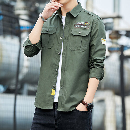 Herren Utility-Hemd mit Brustpattentaschen, Schulterpatten und Stickpatches Shop Nory
