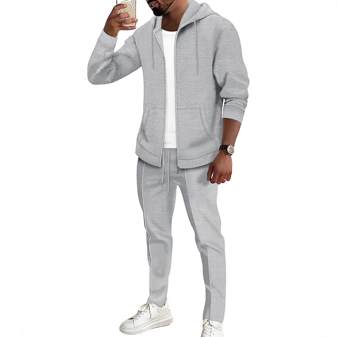 Herren nan Waffelstruktur-Jogginganzug mit Kapuzen-Zipjacke und konisch geschnittener Jogginghose