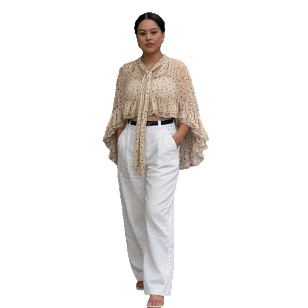 Damen transparente gepunktete Chiffon-Cropped-Bluse mit Krawattenband, Volants und Cape-Schnitt Shop Nory