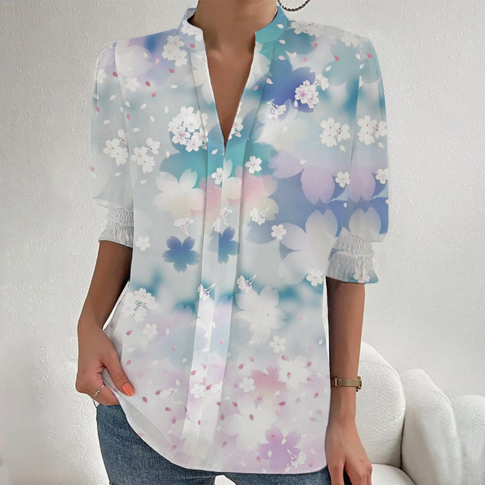 Damen Blumenprint Tunika-Bluse mit Stehkragen, geschlitzter V‑Blende und gerafften 3/4-Ärmeln Shop Nory