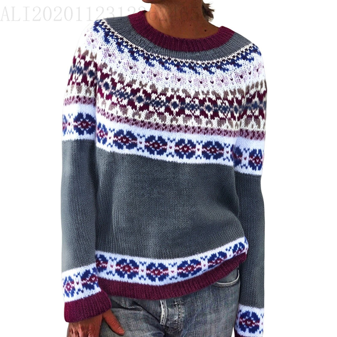 Damen nan melierter Rundhalsausschnittpullover mit kreisförmigem Jacquard-Yoke und geripptem Saum Shop Nory