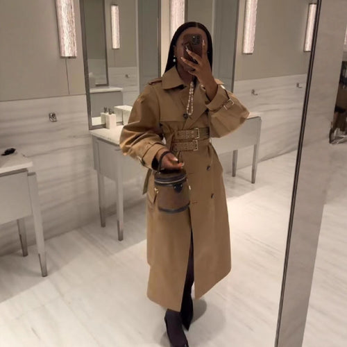 Damen Langer doppelreihiger Trenchcoat mit tailliertem Doppelgürtel, Ballonärmeln und Epauletten Shop Nory