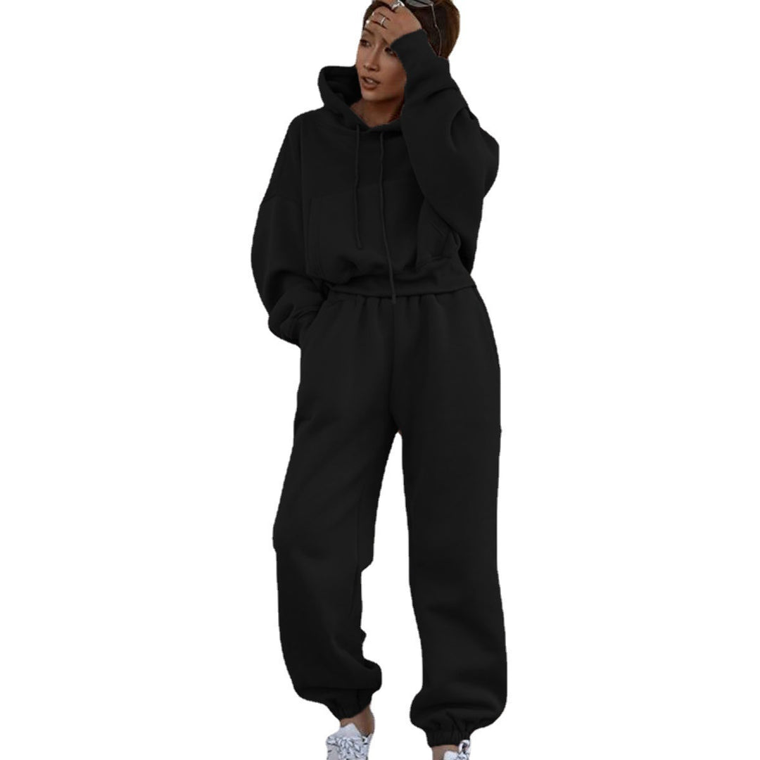 Damen kurzes Oversize-Kapuzenpullover-Set mit elastischer High-Waist-Jogginghose aus Baumwollfleece Shop Nory